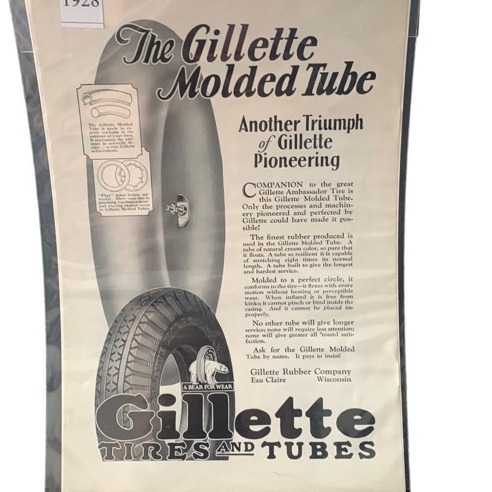 Vintage 1928 Gillette Tires and Tubes Molded Tubes Ad Advertisement